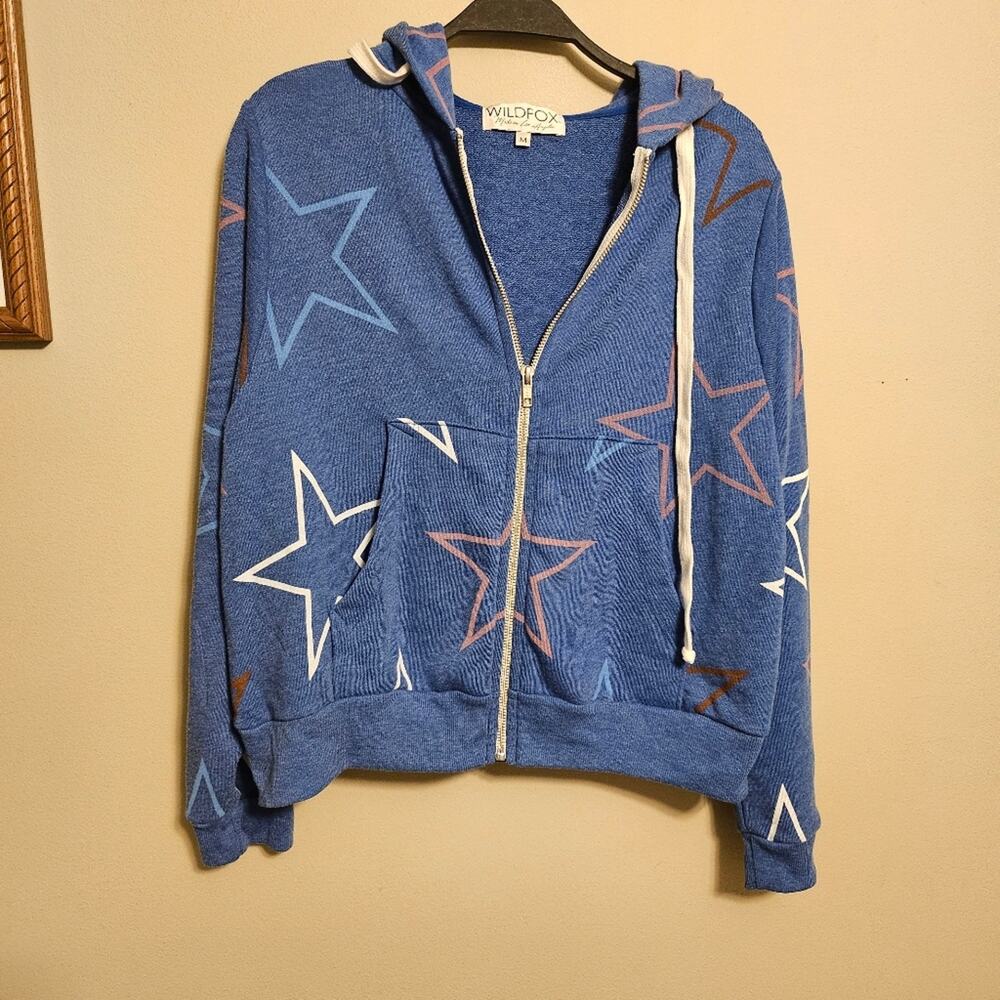 Wildfox Starlight Regan Zip Hoodie Blue Red White Stars Medium Cropped